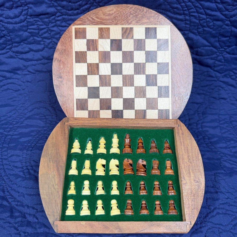 Intellect Wooden Travel Chess Set Round Swivel Folding Mini Carved Wood Pieces